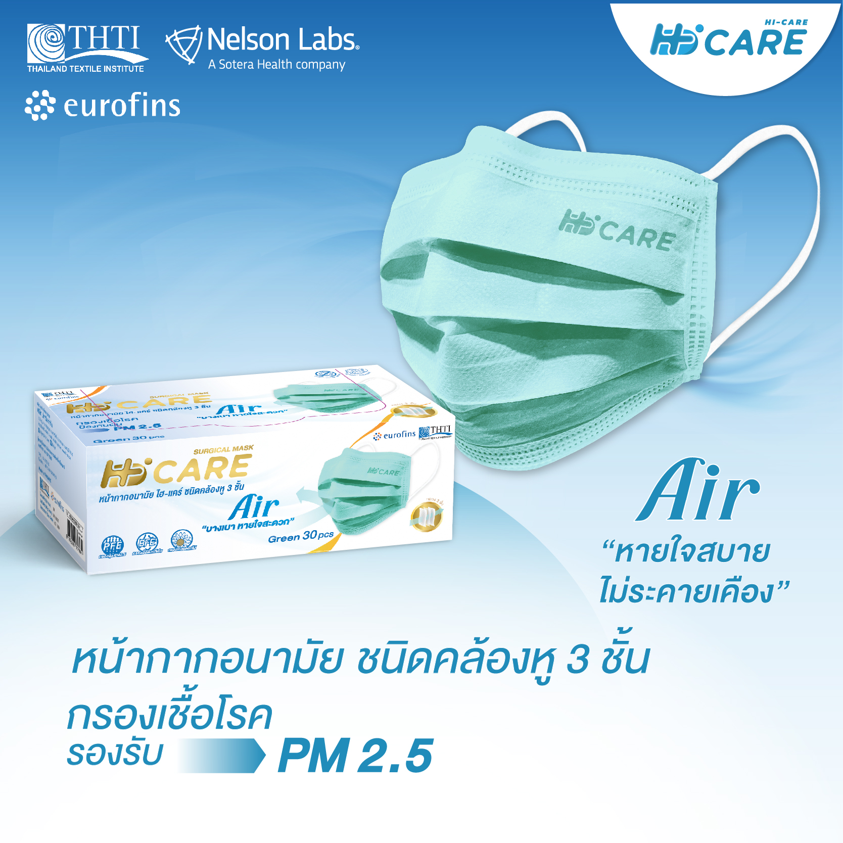 Hi-Care Air (สีชมพู,สีฟ้า,สีเขียว) หน้ากากอนามัย เบาสบายหายใจสะดวก  ไม่ระคายเคือง (รองรับ Pm2.5 กรองเชื้อโรค) แผ่นกรอง3ชั้น ชนิดคล้องหู /  30ชิ้น - Hi-Jet