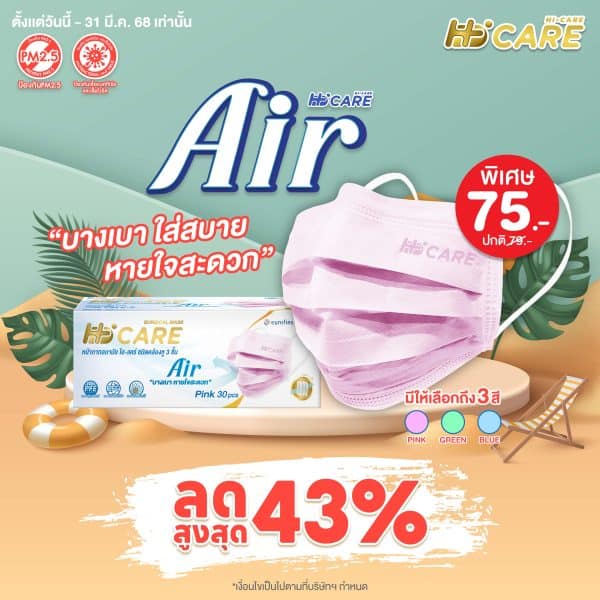 Hi-Care Air (สีชมพู,สีฟ้า,สีเขียว) หน้ากากอนามัย เบาสบายหายใจสะดวก ไม่ระคายเคือง (รองรับ PM2.5 กรองเชื้อโรค) แผ่นกรอง3ชั้น ชนิดคล้องหู / 30ชิ้น