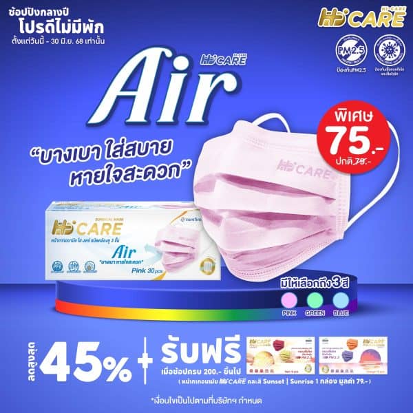 Hi-Care Air (สีชมพู,สีฟ้า,สีเขียว) หน้ากากอนามัย เบาสบายหายใจสะดวก ไม่ระคายเคือง (รองรับ PM2.5 กรองเชื้อโรค) แผ่นกรอง3ชั้น ชนิดคล้องหู / 30ชิ้น