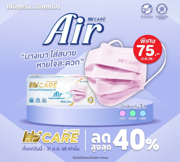 Hi-Care Air (สีชมพู,สีฟ้า,สีเขียว) หน้ากากอนามัย เบาสบายหายใจสะดวก ไม่ระคายเคือง (รองรับ PM2.5 กรองเชื้อโรค) แผ่นกรอง3ชั้น ชนิดคล้องหู / 30ชิ้น