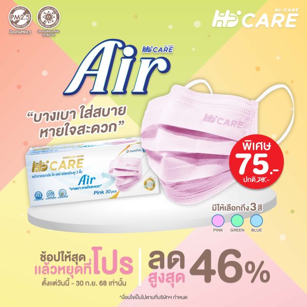 Hi-Care Air (สีชมพู,สีฟ้า,สีเขียว) หน้ากากอนามัย เบาสบายหายใจสะดวก ไม่ระคายเคือง (รองรับ PM2.5 กรองเชื้อโรค) แผ่นกรอง3ชั้น ชนิดคล้องหู / 30ชิ้น