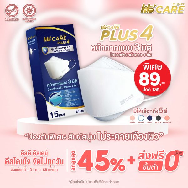 Hi-Care PLUS4 หน้ากากแบบ 3 มิติ หน้ากากอนามัยหนาพิเศษ (รองรับ PM2.5 กรองเชื้อโรค) แผ่นกรอง 4 ชั้น ชนิดคล้องหู