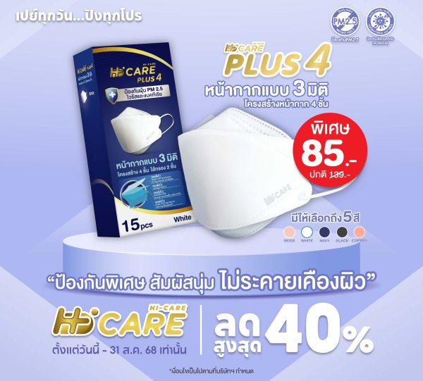 Hi-Care PLUS4 หน้ากากแบบ 3 มิติ หน้ากากอนามัยหนาพิเศษ (รองรับ PM2.5 กรองเชื้อโรค) แผ่นกรอง 4 ชั้น ชนิดคล้องหู