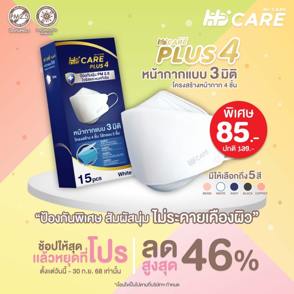 Hi-Care PLUS4 หน้ากากแบบ 3 มิติ หน้ากากอนามัยหนาพิเศษ (รองรับ PM2.5 กรองเชื้อโรค) แผ่นกรอง 4 ชั้น ชนิดคล้องหู