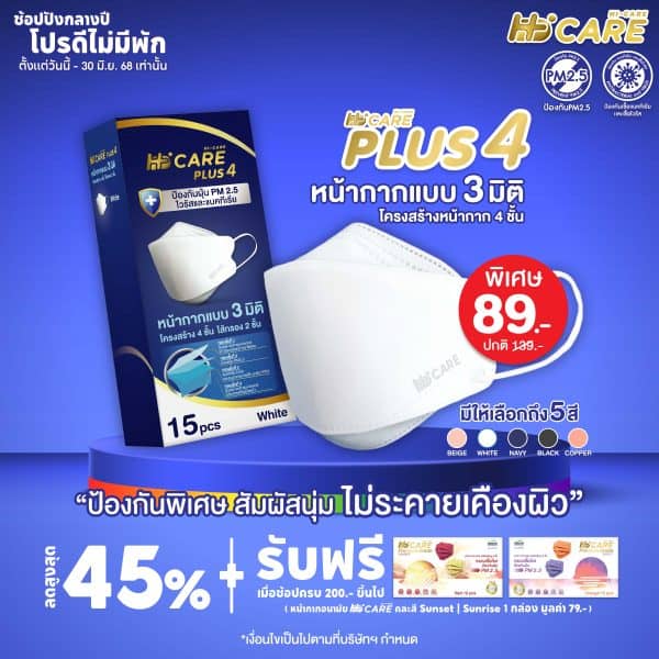 Hi-Care PLUS4 หน้ากากแบบ 3 มิติ หน้ากากอนามัยหนาพิเศษ (รองรับ PM2.5 กรองเชื้อโรค) แผ่นกรอง 4 ชั้น ชนิดคล้องหู