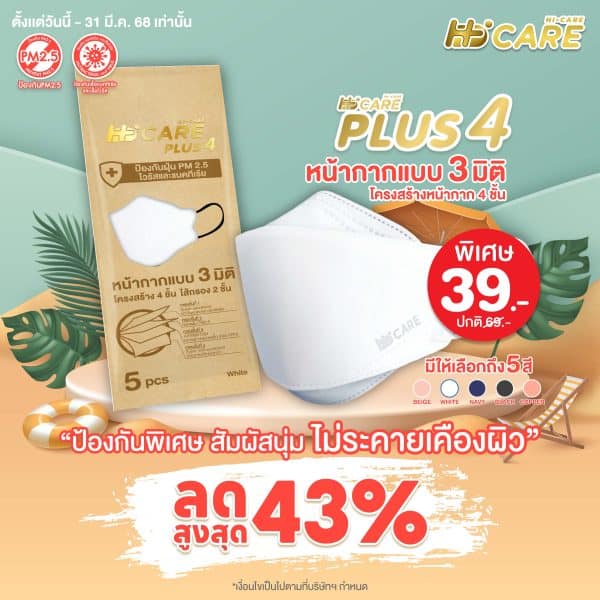Hi-Care PLUS4 หน้ากากแบบ 3 มิติ หน้ากากอนามัยหนาพิเศษ (รองรับ PM2.5 กรองเชื้อโรค) แผ่นกรอง 4 ชั้น ชนิดคล้องหู