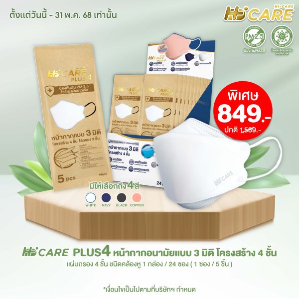 Hi-Care PLUS4 หน้ากากอนามัยแบบ 3 มิติ หนาพิเศษ(รองรับ PM2.5 กรองเชื้อโรค)แผ่นกรอง 4 ชั้นชนิดคล้องหู 1กล่อง/24ซอง
