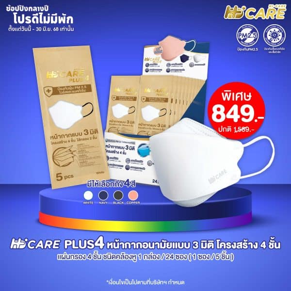 Hi-Care PLUS4 หน้ากากอนามัยแบบ 3 มิติ หนาพิเศษ(รองรับ PM2.5 กรองเชื้อโรค)แผ่นกรอง 4 ชั้นชนิดคล้องหู 1กล่อง/24ซอง