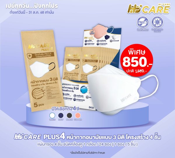 Hi-Care PLUS4 หน้ากากอนามัยแบบ 3 มิติ หนาพิเศษ(รองรับ PM2.5 กรองเชื้อโรค)แผ่นกรอง 4 ชั้นชนิดคล้องหู 1กล่อง/24ซอง